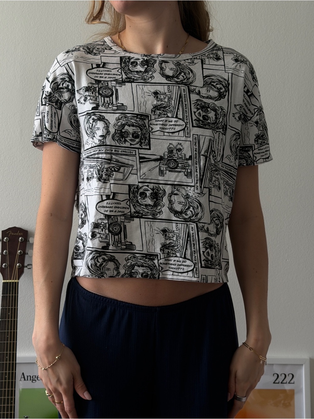 H&M Black & White Comic-Print Cropped Tee